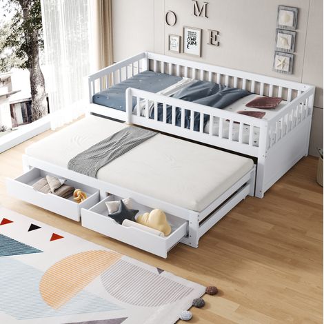 DESVIAE Lit banquette enfant avec lit gigogne et 2 tiroirs 90 x 200 cm bois blanc avec barrière de sécurité et sommier à lattes (1/5)