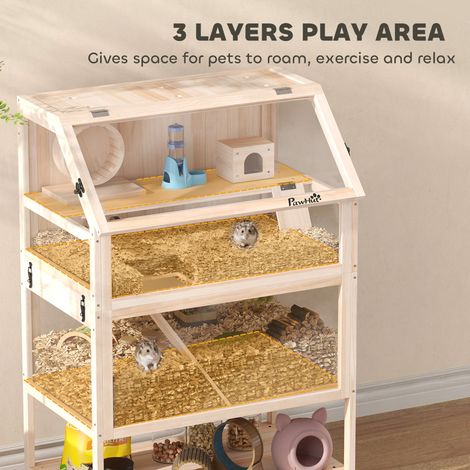 Cage à rongeur en bois naturel 3 étages avec plateau amovible, étagère, roue sportive, balançoire, rampe et refuge, 80x53x117 cm