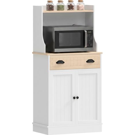 Armoire micro-ondes cuisine, meuble avec étagère ouverte, tiroir et placard 2 portes, 61x35x125,4 cm, finition chêne, rangement pratique. (1/5)