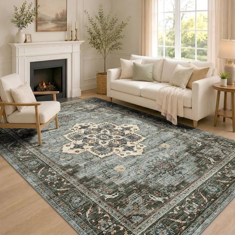 Grand tapis vintage lavable et antidérapant pour chambre à coucher, chambre d'enfant, cuisine - 240 x 340 cm, vert rétro (1/5)