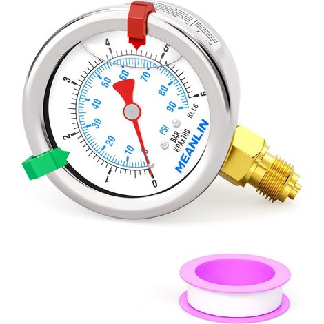 06Bar/090Psi Pressure Gauge 1/8" BSP 1.5" Front Dial, Liquid Filled Stainless Steel Pressure Gauge, WOG Water Oil Air Bottom Mount (with 2 Snap Buttons) (1/5)