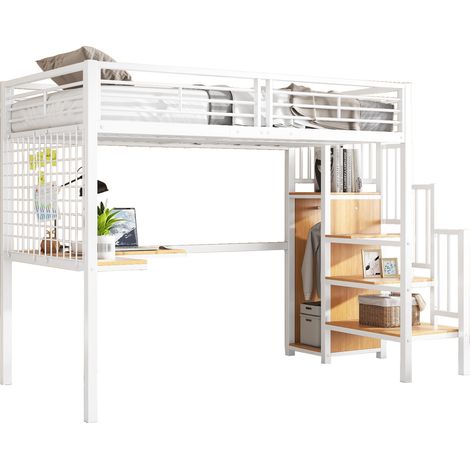 CHICFURN Letto soppalco 90x200 in metallo bianco/naturale con scrivania, senza materasso (1/5)