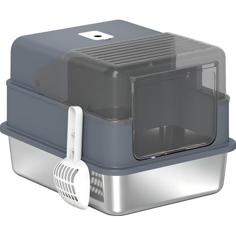 Maison de Toilette Chat en Acier Inoxydable 2 en 1 Bac à Litière Fermé avec Couvercle et Pelle Grand Gris (1/5)