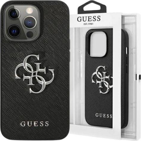 Funda rígida Guess GUHCP13LSA4GSBK para iPhone 13 Pro/13 de 6.1 pulgadas, color negro/negro, con logo metálico y acabado Saffiano 4G. (1/5)
