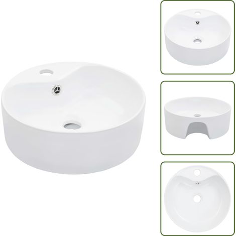 Waschbecken mit Überlauf 36 x 13 cm Keramik Weiß - Rundes Waschbecken - Keramik Waschbecken - Weißes Waschbecken - Aufsatzwaschbecken - Badezimmer Waschbecken (1/5)