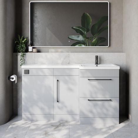 Napoli 390 Gloss Grey Pearl 1500mm 2 Drawer Vanity Unit Toilet Suite with Right Hand Square Lucia Basin - 1500mm - Matt Black 320mm HandleWithout Kingston Toilet Pan