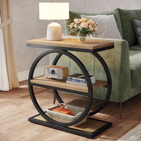 Tribesigns 2er-Set Beistelltisch, schmaler Beistelltisch mit 3 Ablagen, Beistelltisch aus Holz mit schwarzen Metallrahmen, industrieller kleiner Sofa-Beistelltisch für Wohnzimmer