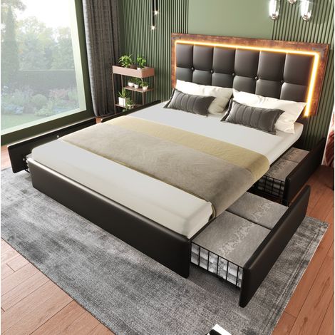 Lit double en PU noir 160x200 cm avec LED, 4 tiroirs de rangement et tête de lit réglable (1/5)