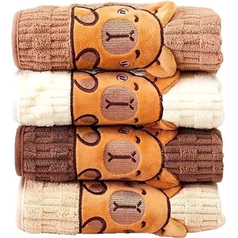 Ensemble de 4 serviettes en polaire corail Capybara, serviettes mignonnes Capybara, 34 x 74 cm (1/5)