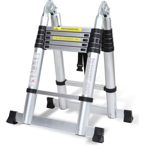 Wolketon Aluminium Teleskopleiter 3,8M Silber, Leiter Ausziehbar Klappleiter, Mehrzweckleiter, Stehleiter, Haushaltsleiter, Außenleiter, 150 kg Belastbarkeit