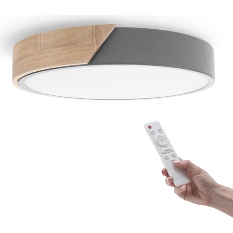 Plafonnier LED Rond Gris 24W avec Télécommande Réglable 2700K-6500K du Blanc Froid au Blanc Chaud et Intensité 2400LM Design Blanc avec Bois Naturel pour Salle de Bain Cuisine (1/5)