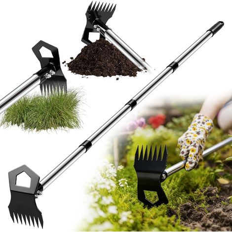 Outil d'arrache-mauvaises herbes avec long manche, 2 en 1, binette de jardin et râteau de désherbage, désherbant robuste pour jardin, pelouse et parterres de fleurs (1/5)