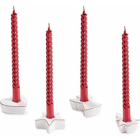 Portacandele natalizi in porcellana con dettagli dorati e candela stelo torchon color rosso metallizzato, set da 8 pezzi, Angelo: cm 6,5 x 8,5 x 3 H