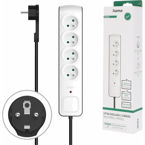 Multiprise Parasurtenseur avec Interrupteur Bloc 4 Prises 16A Look Design Rallonge 1.5m Prise Multiple économie d'énergie Prises 45° Prise Male Plate 3680W Cable H05VV-F3G1.5 Noir Blanc (1/5)