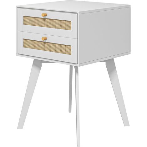 Table de chevet blanche Cannage 2 tiroirs, petite table d'appoint 40x40x60 cm