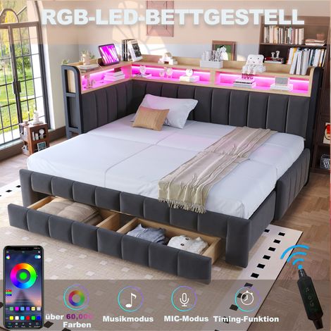 Lit-salon rembourré 90/180x200 cm, canapé convertible avec tiroir escamotable et rangements, tablettes et compartiments, éclairage LED, ports USB et Type-C, velours gris foncé (1/5)