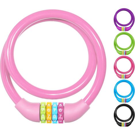Fahrradschloss aus Stahlseil – 1 Stück – Zinklegierung und PVC – 4-stelliger Zahlencode (rückstellbar) – Geeignet für Fahrräder, Motorräder, Roller und Tore – 63,5 cm, Rosa (1/5)