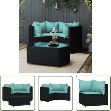 The Living Store Salon de jardin 4 pcs avec coussins Noir Résine tressée - Salon De Jardin - Mobilier De Jardin - Set De Salon Extérieur - Table Basse - Chaise Lounge (1/5)