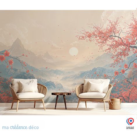 Papier peint : Paysage zen, fleurs, montagnes et soleil - Intissé - 400 cm - 280 cm (1/3)