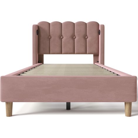 Letto singolo 90 x 200 cm in velluto rosa con porte USB e USB-C, rete a doghe HOMVRA (1/5)