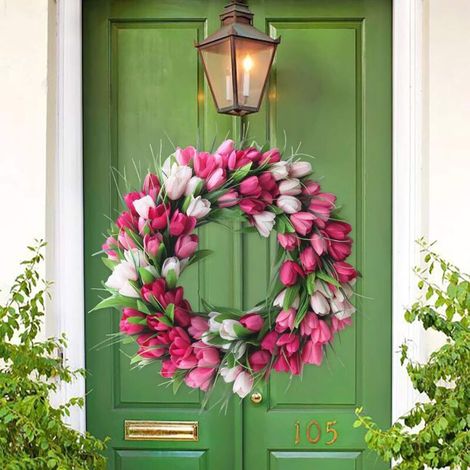Ghirlanda di tulipani artificiali (45 cm), rosa country, per porta/finestra/parete, primavera/estate (1/3)