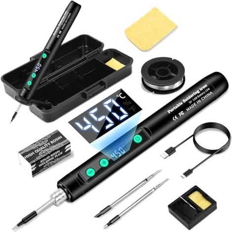 Kit de fer à souder sans fil avec support avec écran LCD, température réglable (180–450 °C) et 3 pannes, Idéal pour la réparation de circuits imprimés et les travaux de soudure - Noir (1/5)