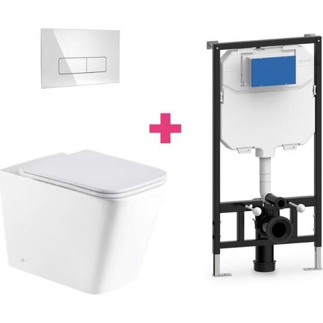 Ensemble WC suspendu PISA en céramique avec réservoir et bouton de chasse d'eau Chromé rectangulaire