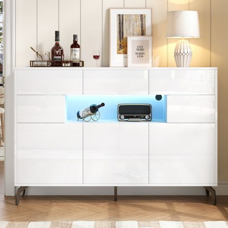 Unités de buffet et buffets - Buffet laqué brillant 140 cm - 3 tiroirs et 5 armoires - Eclairage LED intégré - Blanc 5 pieds métal (1/5)