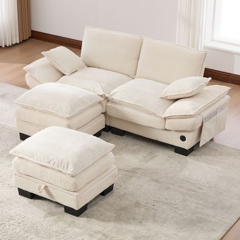Modulares 2-Sitzer Cordsofa mit 2 Hockern und Stauraum, integrierter USB-C Anschluss, 190x132x84cm, ergonomisches Sofa aus Cordstoff (1/5)