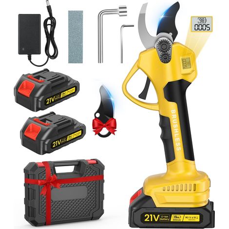 Sécateur Électrique Sans Fil, 4000mAh 35 mm Secateur Electrique avec Écran,2 Réglages Cisailles électriques avec 2 Batteries de 2,0 Ah, 4 à 6 heures D'autonomie pour Jardin, Arbres Fruitiers,Vignobles