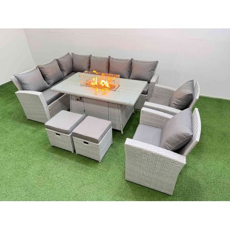 Fimous Rattan Corner Sofa Chair Set Outdoor Furniture Garden Dining Sets Gas Fire Pit Table with Temper Glass 2 Footstools Light Grey Mixed (1/5)