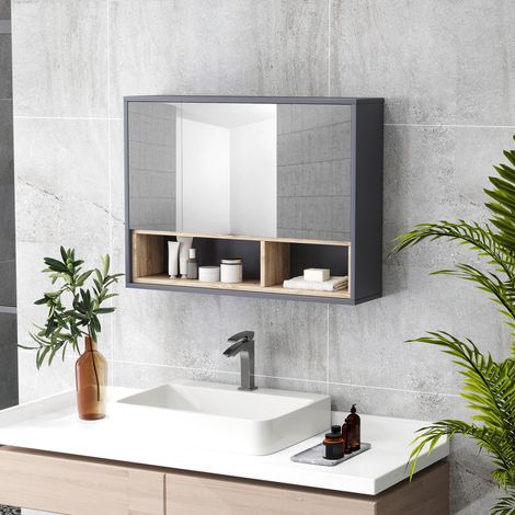 Badezimmer-Waschtisch mit Spiegel, wandhängender WC-Schrank mit 3 Türen und 8 Fächern, grau