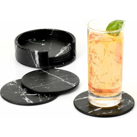 Premium Leather Coasters with Stand Set of 6 Business Coasters Coasters for Bar, Office, Home, Marble (Black)