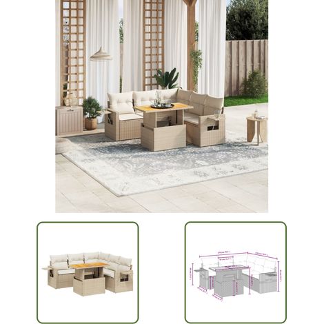 The Living Store Salon de jardin avec coussins 6 pcs beige résine tressée - Ensemble Salon De Jardin - Meuble Extérieur - Résine Tressée - Rotin Synthétique - Table Extensible (1/3)