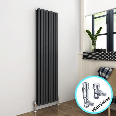 ELEGANT Vertical Radiator 1800 x 472mm Double Panel Designer Anthracite Oval Column Heating Rad with Chrome Thermostatic Radiator Valves (1/5)