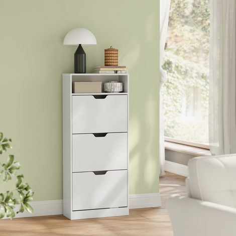 Meuble à Chaussures à 3 Abattants, avec Compartiment Ouvert et Séparateur Ajustable, pour 14 à 18 Paires, Entrée, 24,1 x 60,1 x 139,1 cm, Blanc (1/5)
