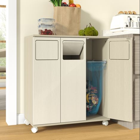 Meuble à poubelle à 3 compartiments, meuble de cuisine mobile aspect bois clair, meuble de tri des déchets à 3 portes avec roulettes blanches, pour cuisine et salle à manger, 69,3 x 35 x 80 cm (1/5)