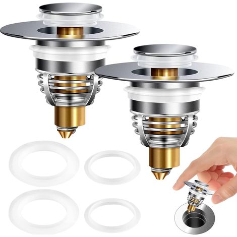 Paquete de 2 tapones universales de desagüe tipo pulsador para lavabo de baño con filtro de cesta antiobstrucción para aberturas de 2,7 a 4,1 cm. (1/5)