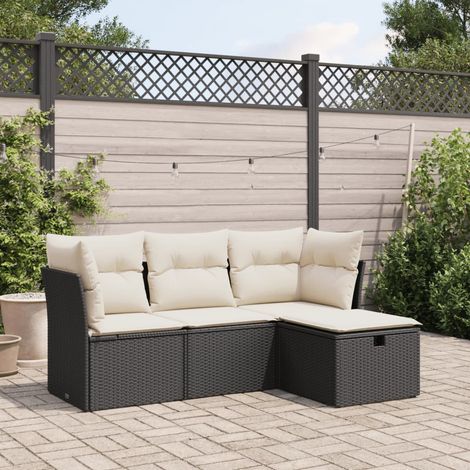 Salon de Jardin 4 Pièces Noir Résine Tressée 2 Fauteuils d'Angle + Canapé + Pouf avec Coussins Blanc Crème et Rangement (1/4)
