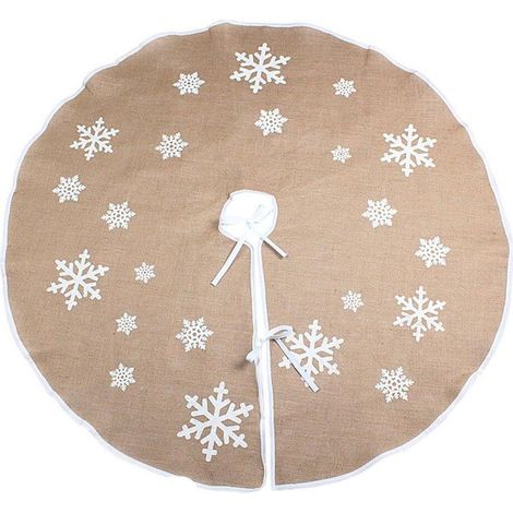 Jupe d'arbre de Noël Tapis Cache-Pied de Sapin de Noël en Toile de Jute avec Flocons de Neige Blancs Christmas Tree Skirt Décorations de Noël (Kaki, 120cm) (1/5)