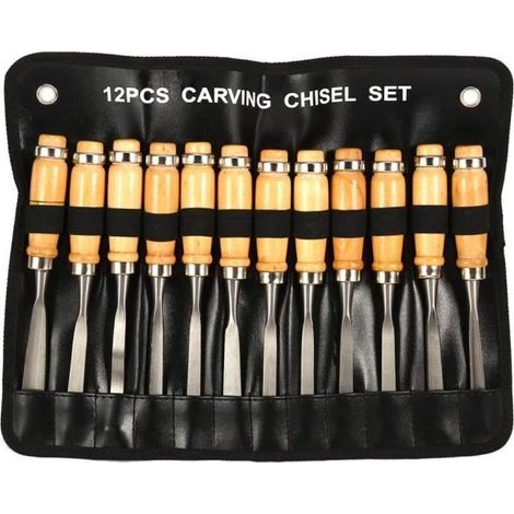 Akozon outils de sculpture sur bois Ciseau Burin Bois Sculpture Main Travaille Professionnel Outils de Sculpture Set 12pc (1/4)
