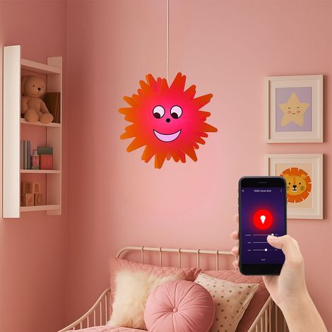 Pendelleuchte Kinderzimmer Sonne Hängeleuchte Holz gelb, dimmbar Fernbedienung Smart, RGB LED 8,5W 806Lm 2700-6500K, DxH 38x110 cm