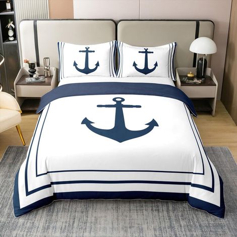 Anchor Imprimer Housse de Couette 140x200cm 100% Coton pour Garçons Filles Adolescents Océan Parure de Lit mer Aventure Ensemble de Literie Off White - 140 x 200 cm + 1 taie d'oreiller 65 x 65 cm (1/5)