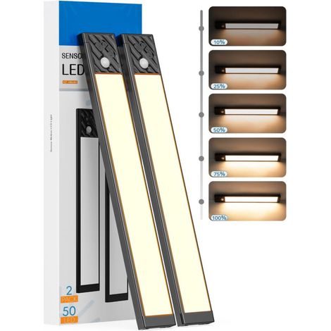 2 lampes d'armoire à capteurs 50 LED,Lumière chaude,coque noir (1/5)