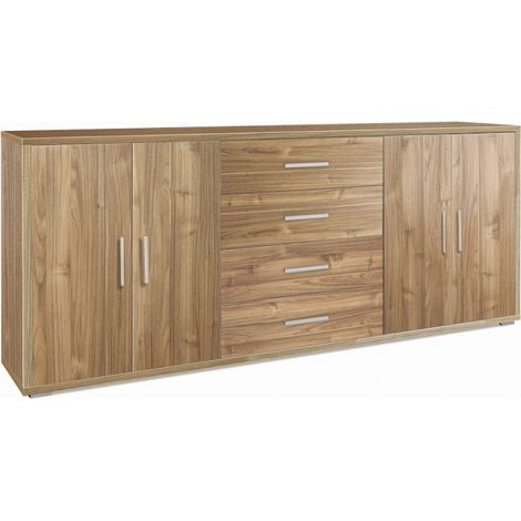 Mueble móvil con 4 puertas y 4 cajones, 203L x 41P x h84 – Acabado en madera nogal – Sarmog