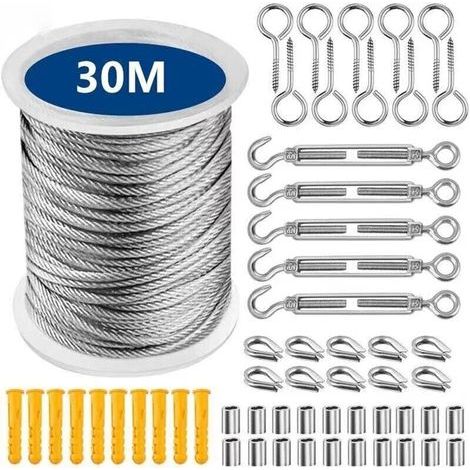 Câble Acier Inoxydable etendoir à suspendre,Corde en Acier Inoxydable à Suspendre,File a Linge Extérieur,Etendoir a linge exterieur,Câble Métallique Extérieur,kit cable inox garde corps (30M) (1/5)