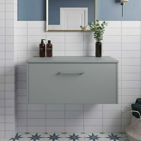 Hudson Reed Juno Wall Hung 1-Drawer Vanity Unit with Worktop 800mm Wide - Coastal Grey (1/5)