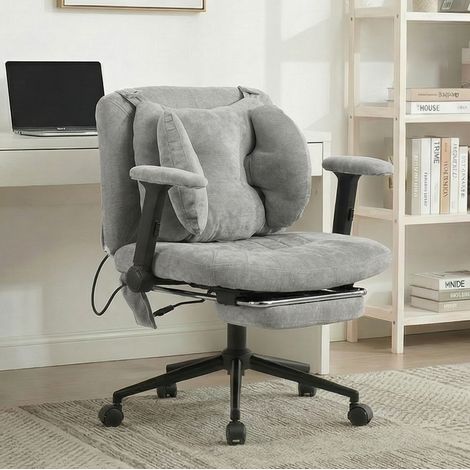 Sedia da ufficio in tessuto grigio, girevole 360°, con supporto lombare ad aria regolabile, braccioli e ruote silenziose, 80×55×86 cm (1/5)