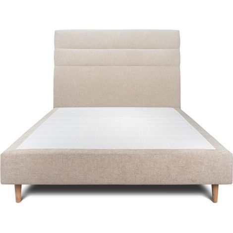 Lit 135x190cm avec tête de lit lignes tissu et sommier tapissier beige brun - Hauteur totale : 35cm (1/5)