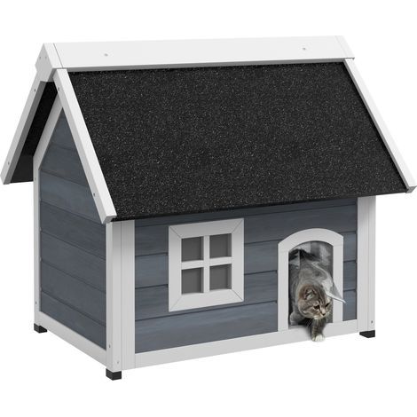 Wetterfestes Katzenhaus für den Außenbereich mit Fenster, 77 x 57,5 x 68 cm (ohne Dach), grau/weiß/schwarz